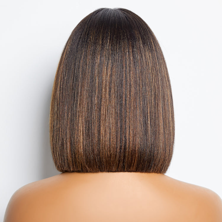 BROWN HIGHLIGHT LAYERED BOB WITH BANGS