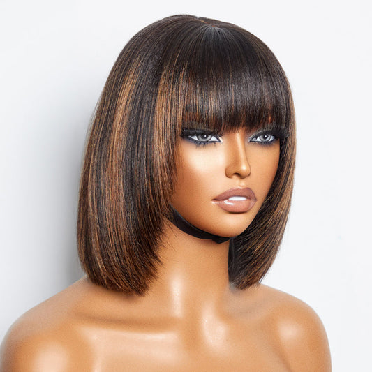 BROWN HIGHLIGHT LAYERED BOB WITH BANGS